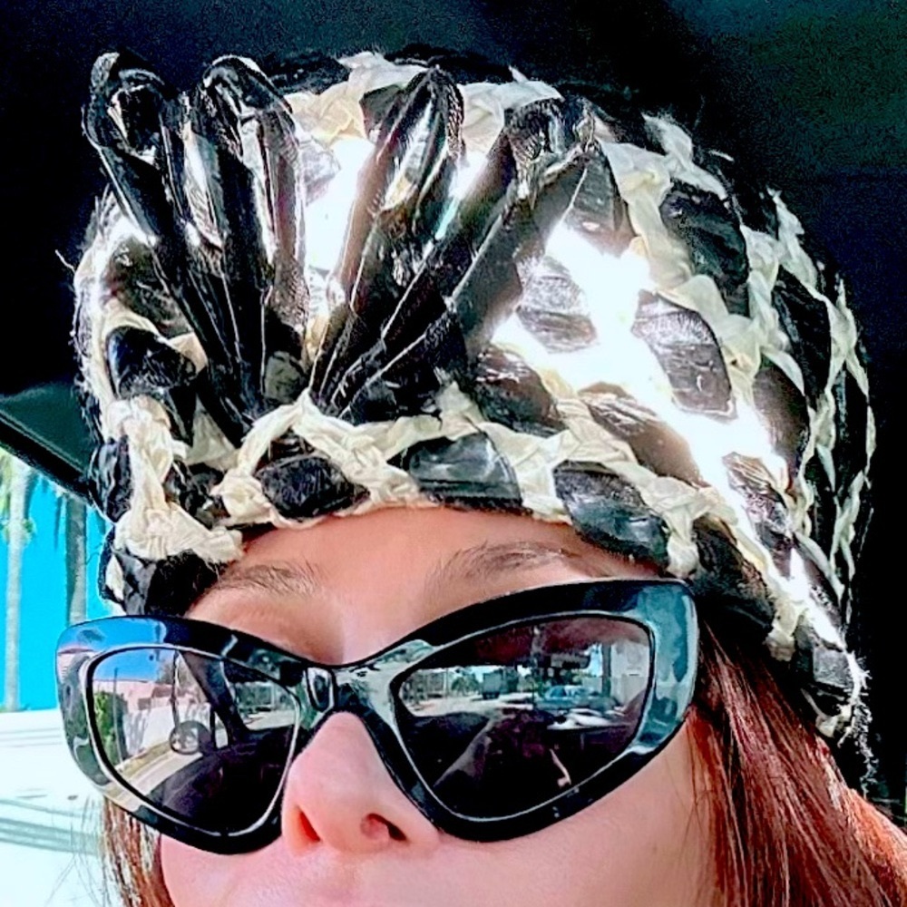 Vintage black and white raffia hat. 21 22 inches